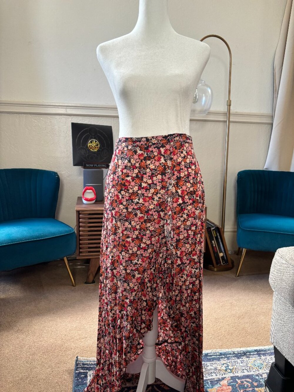 Dress Forum Black Floral Maxi Skirt L Ruffle Hem Pink Orange